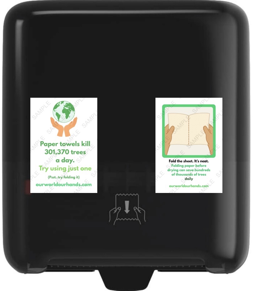 Two portrait stickers shown separated on paper towel dispenser